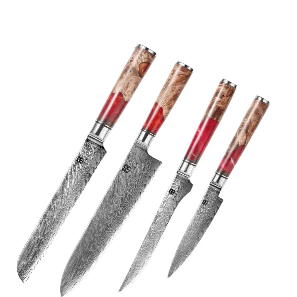 Damascus steel kitchen knives with wood and epoxy resin handles, German blades