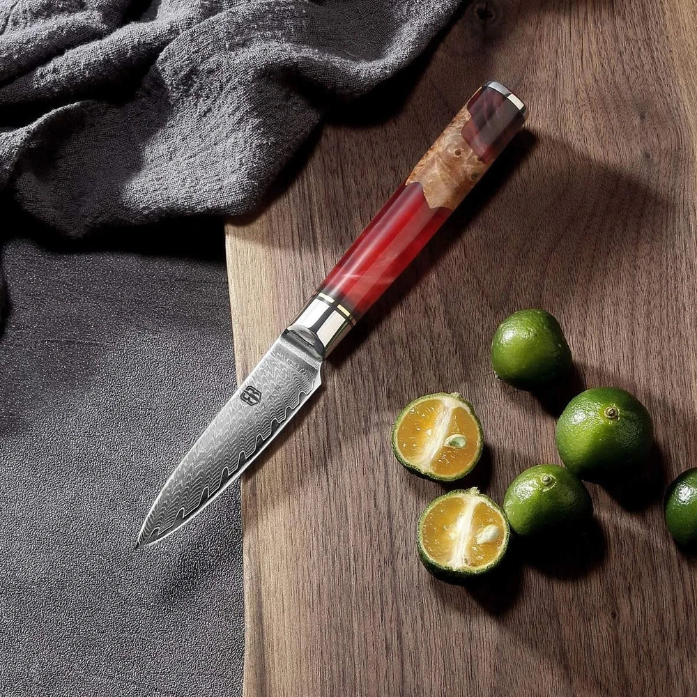 Damascus steel kitchen knives with wood and epoxy resin handles, German blades