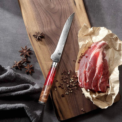 Damascus steel kitchen knives with wood and epoxy resin handles, German blades