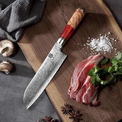 Damascus steel kitchen knives with wood and epoxy resin handles, German blades