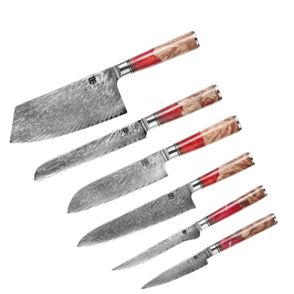 Damascus steel kitchen knives with wood and epoxy resin handles, German blades