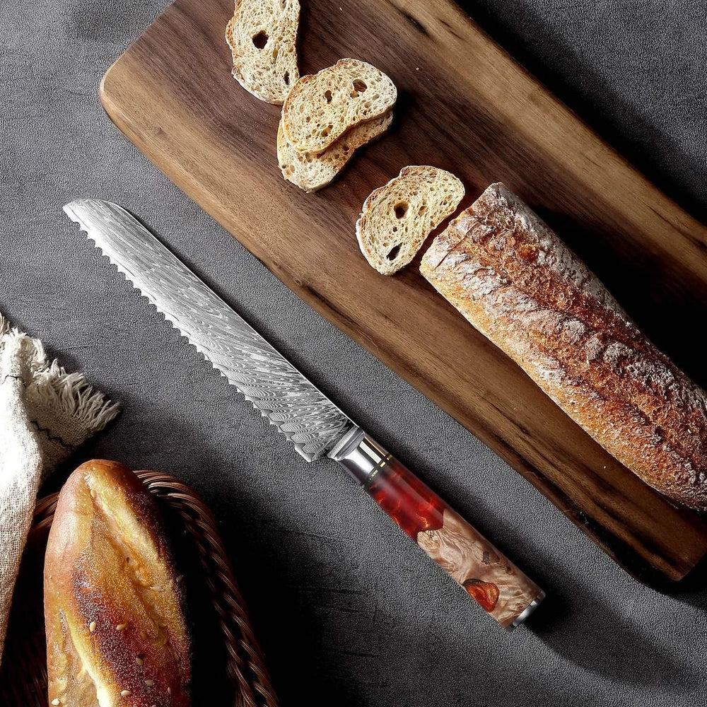 Damascus steel kitchen knives with wood and epoxy resin handles, German blades