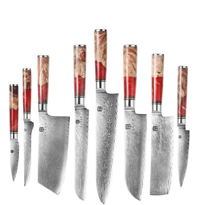 Damascus steel kitchen knives with wood and epoxy resin handles, German blades