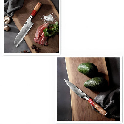 Damascus steel kitchen knives with wood and epoxy resin handles, German blades
