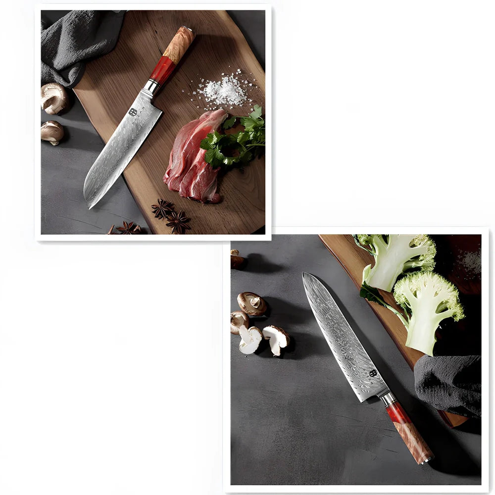 Damascus steel kitchen knives with wood and epoxy resin handles, German blades