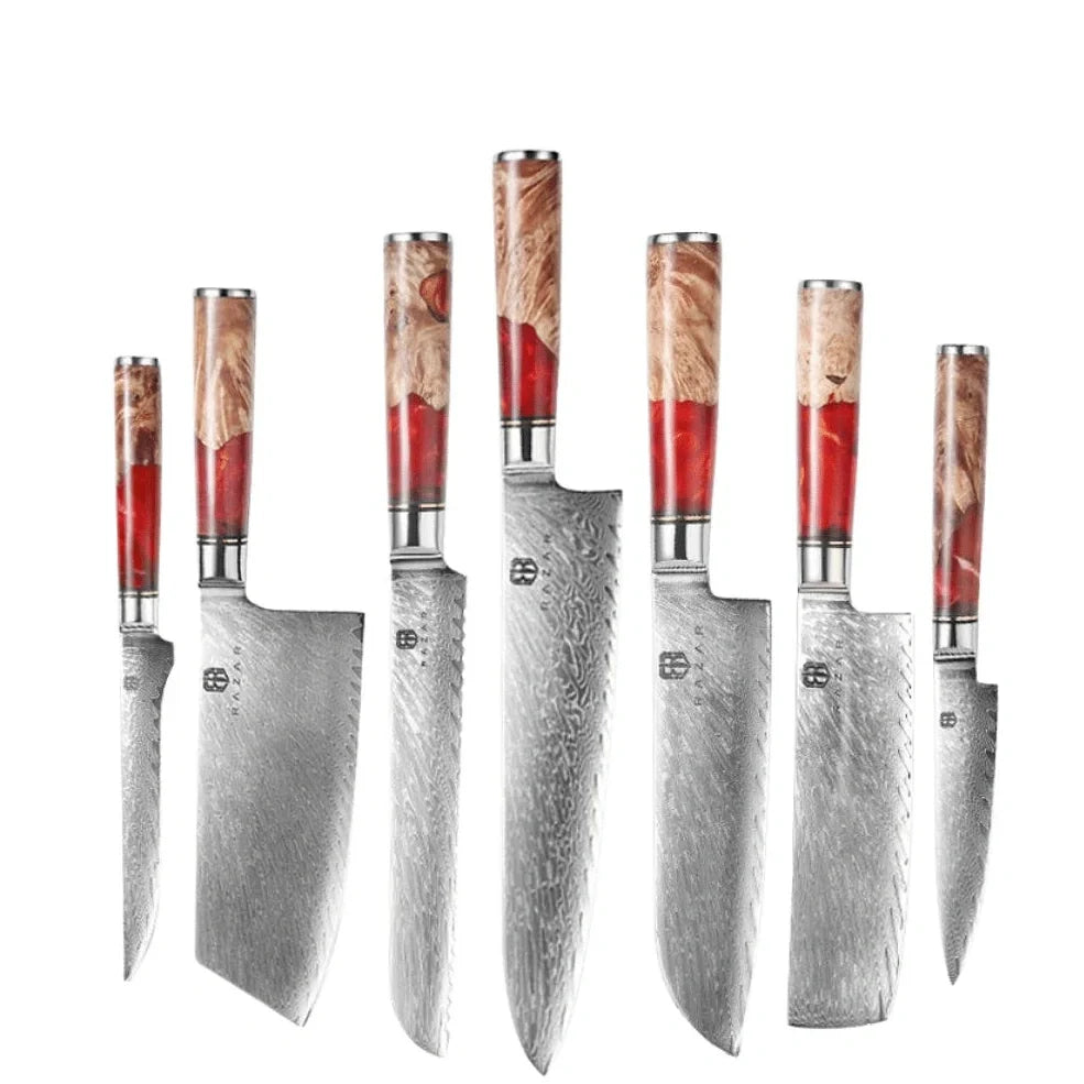 Damascus steel kitchen knives with wood and epoxy resin handles, German blades