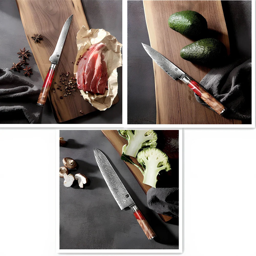 Damascus steel kitchen knives with wood and epoxy resin handles, German blades