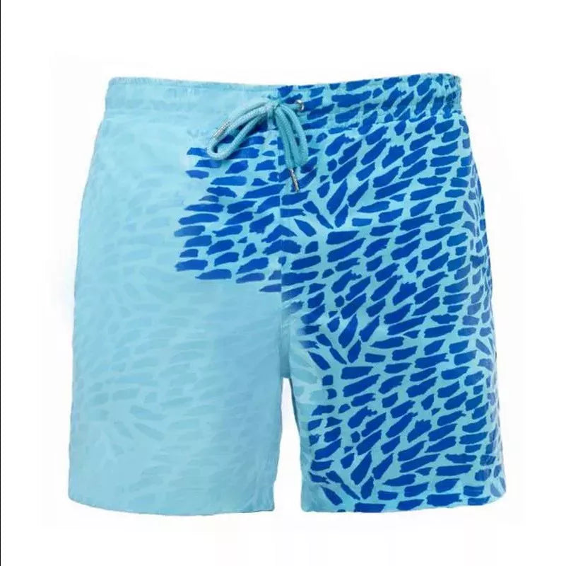 Men's colour-changing beach shorts in various colours, showing quick-dry and water-reactive features