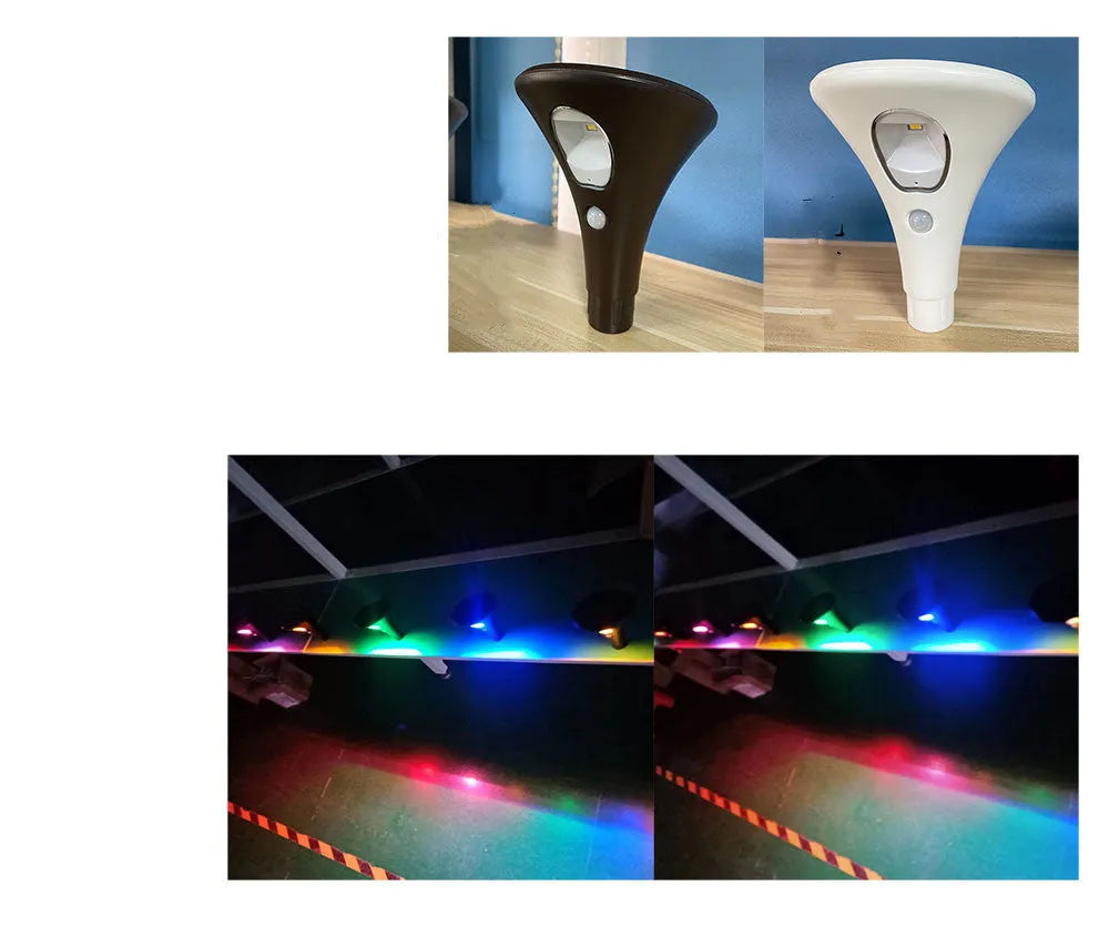 Solar-powered ground plug lawn light with metal stake and white LED lamp for outdoor pathways.