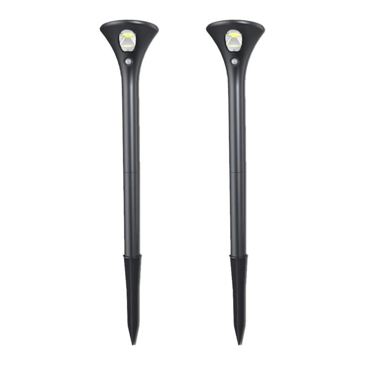 Solar-powered ground plug lawn light with metal stake and white LED lamp for outdoor pathways.