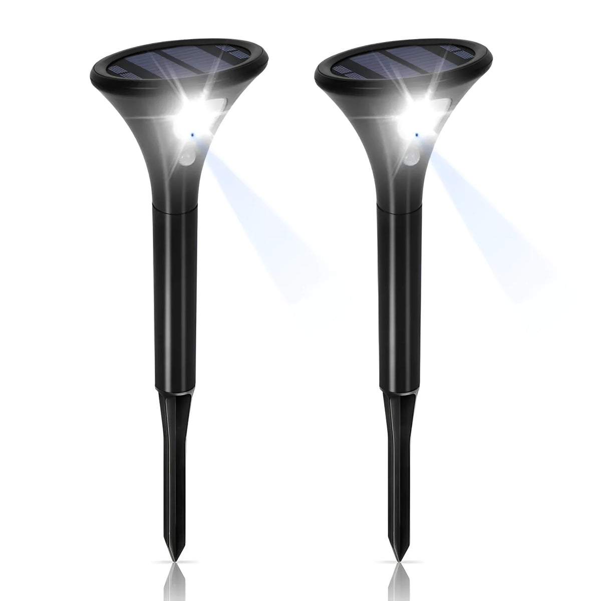 Solar-powered ground plug lawn light with metal stake and white LED lamp for outdoor pathways.