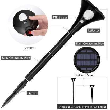 Solar-powered ground plug lawn light with metal stake and white LED lamp for outdoor pathways.