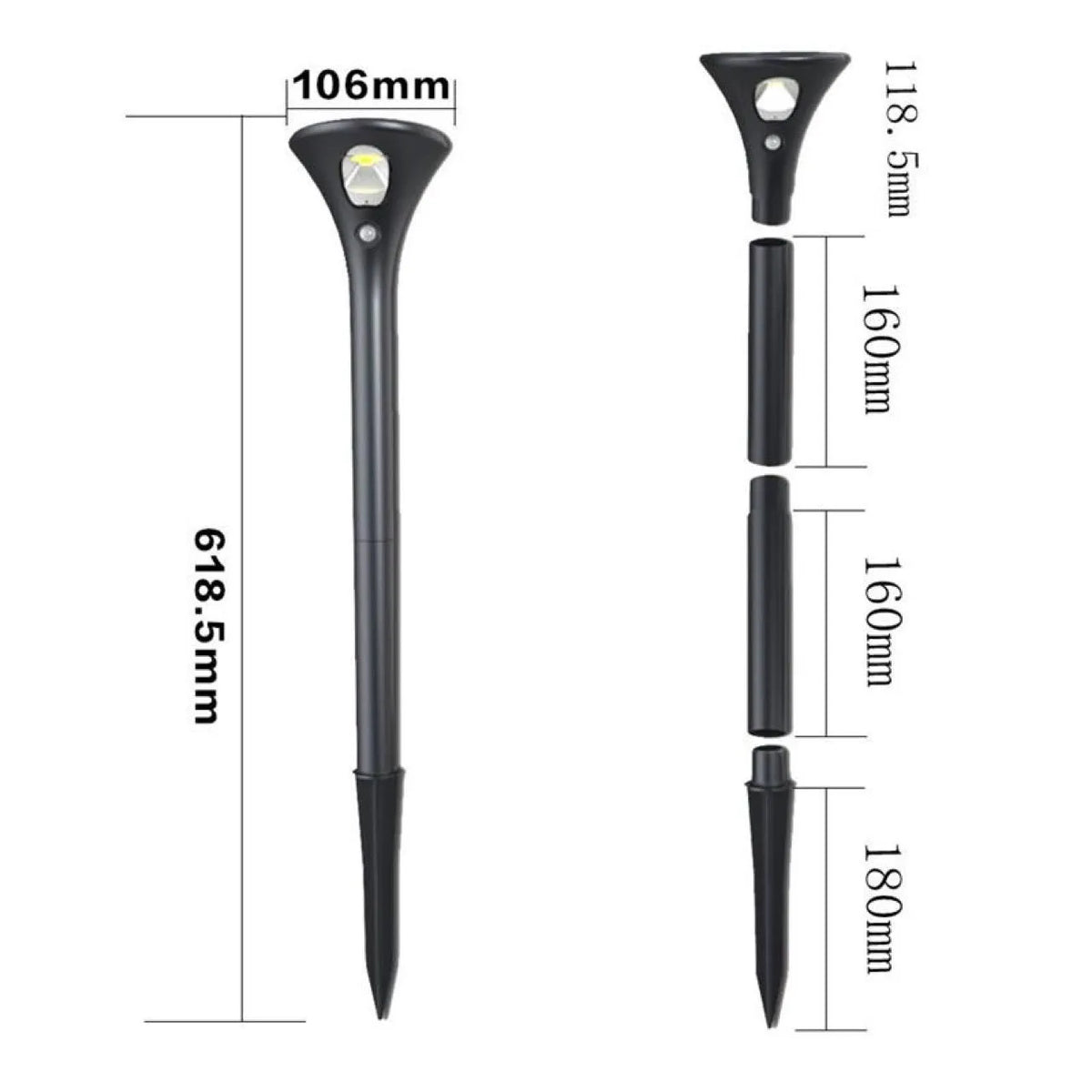 Solar-powered ground plug lawn light with metal stake and white LED lamp for outdoor pathways.