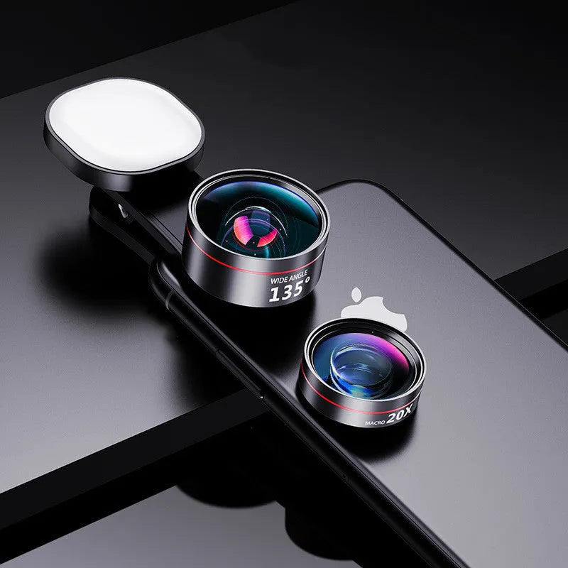 Universal smartphone fill light attachment with wide angle and macro camera lenses