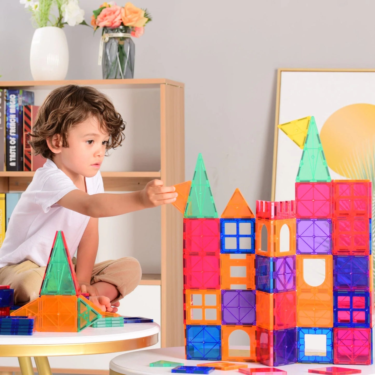 Magnetic tiles building blocks set for creative construction and learning