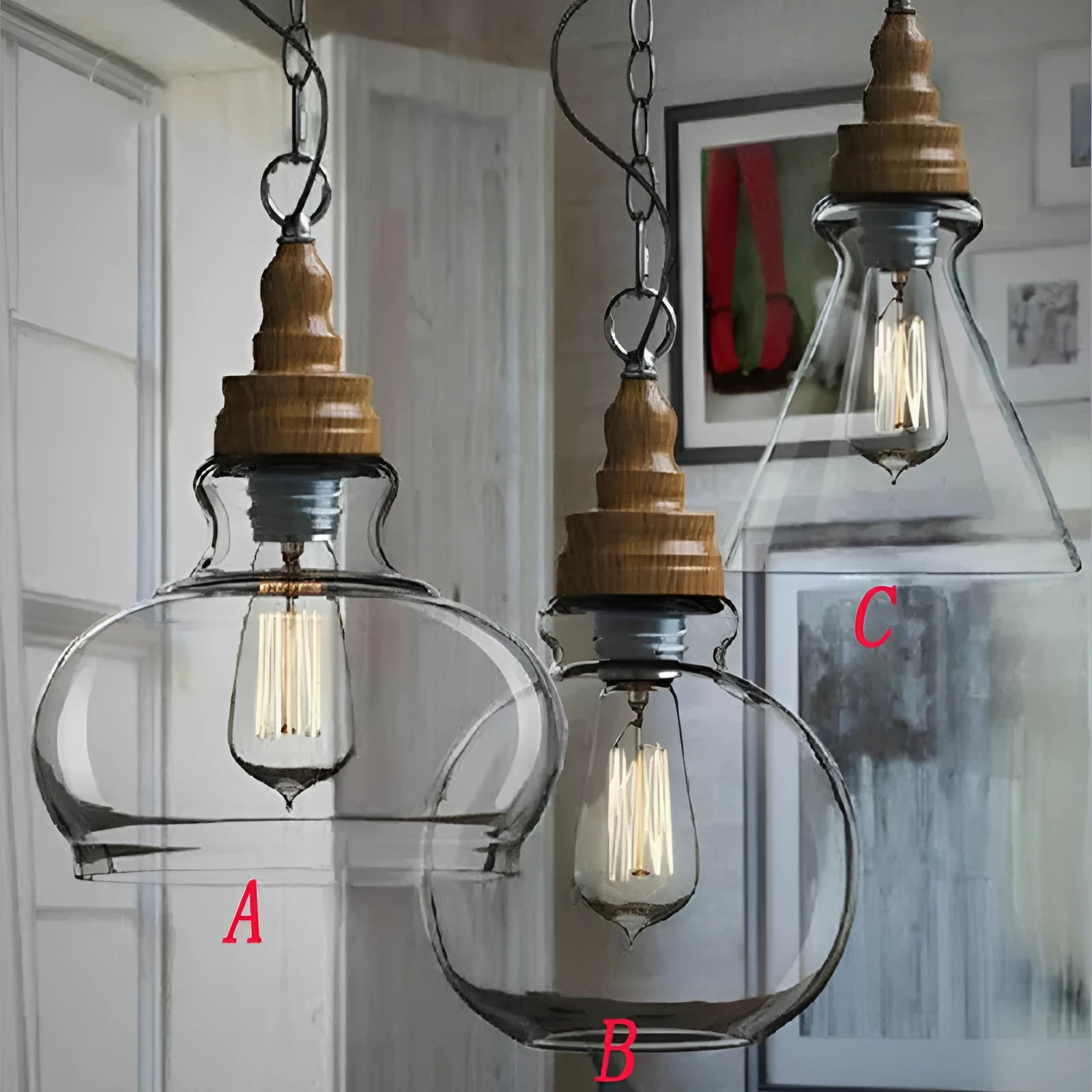 Glass wood grain single head pendant light with adjustable cord in Nordic style.