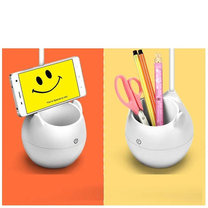 Simple style LED clip-on desk lamp with USB charging port, adjustable head, and integrated pen holder.