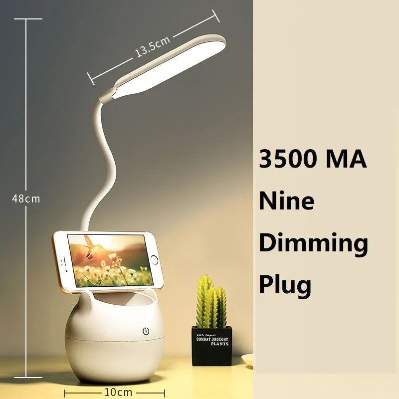Simple style LED clip-on desk lamp with USB charging port, adjustable head, and integrated pen holder.