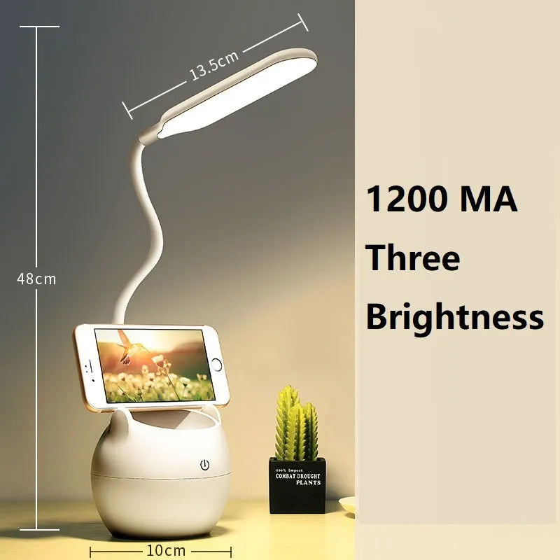 Simple style LED clip-on desk lamp with USB charging port, adjustable head, and integrated pen holder.
