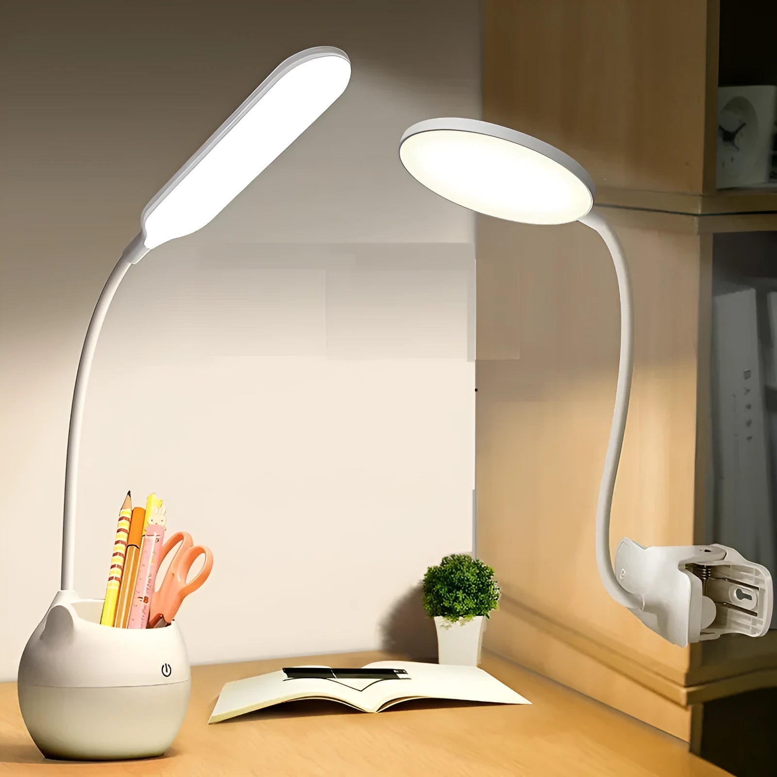 Simple style LED clip-on desk lamp with USB charging port, adjustable head, and integrated pen holder.
