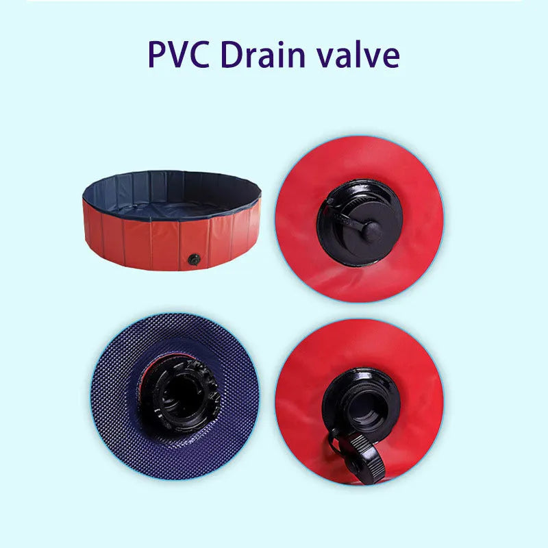Red foldable dog pool and portable pet bathtub in sizes S, M and L with drain.