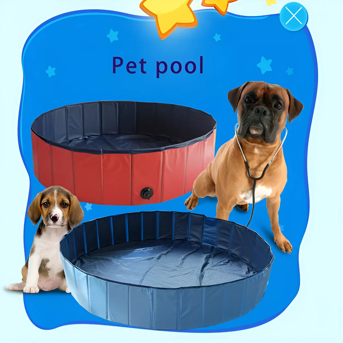 Red foldable dog pool and portable pet bathtub in sizes S, M and L with drain.