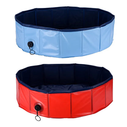 Red foldable dog pool and portable pet bathtub in sizes S, M and L with drain.