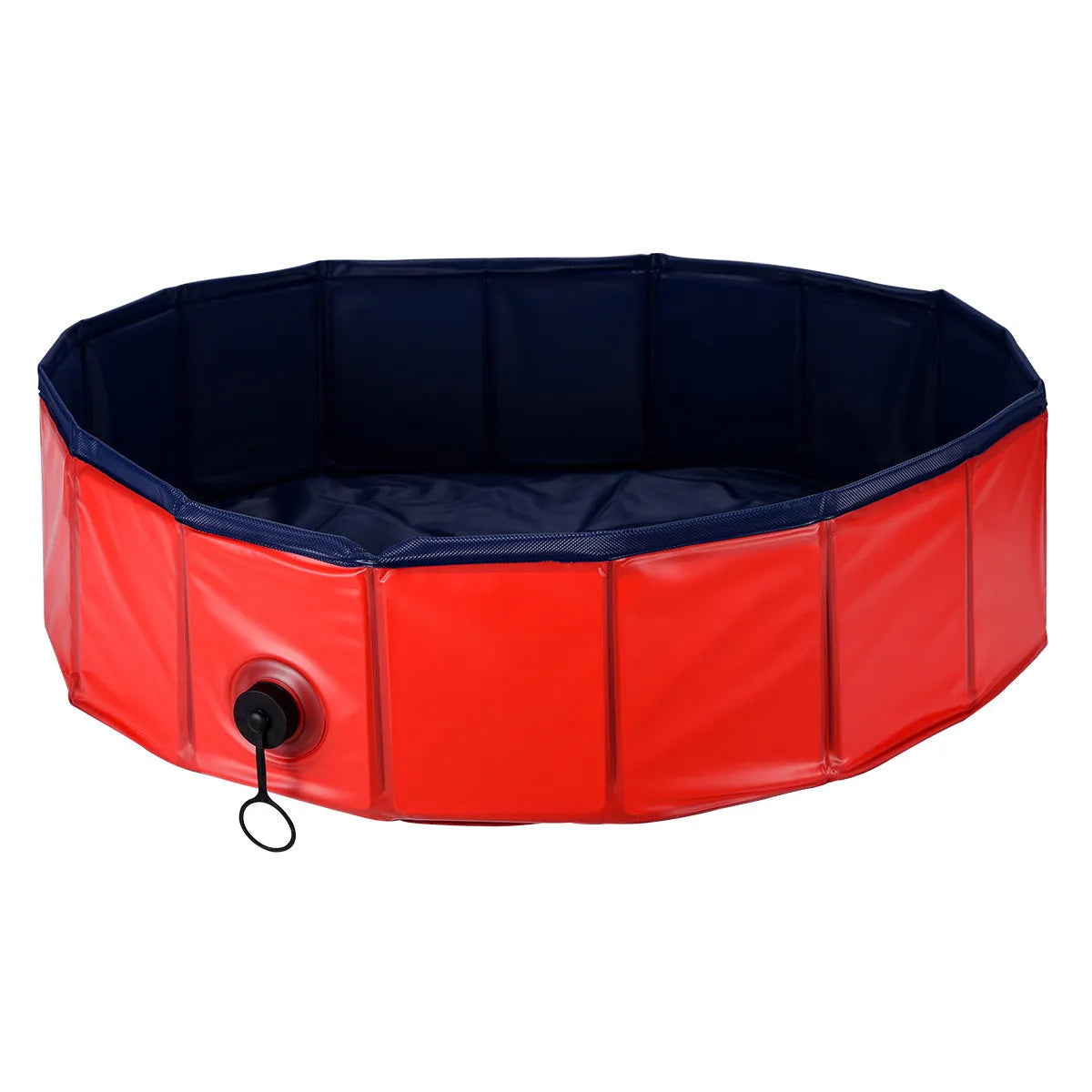 Red foldable dog pool and portable pet bathtub in sizes S, M and L with drain.