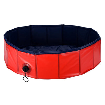 Red foldable dog pool and portable pet bathtub in sizes S, M and L with drain.