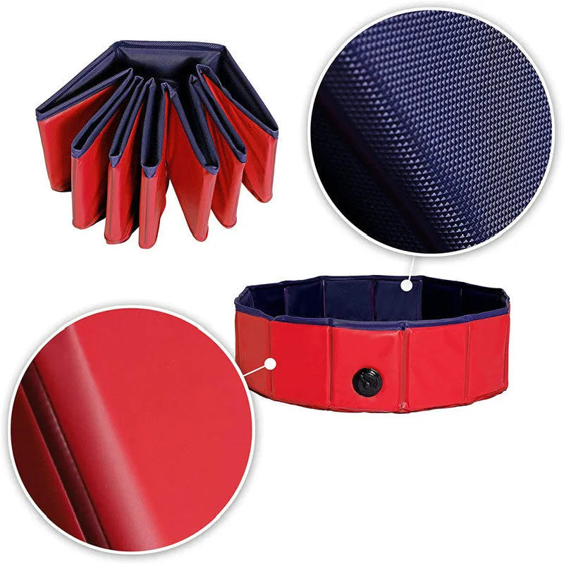 Red foldable dog pool and portable pet bathtub in sizes S, M and L with drain.