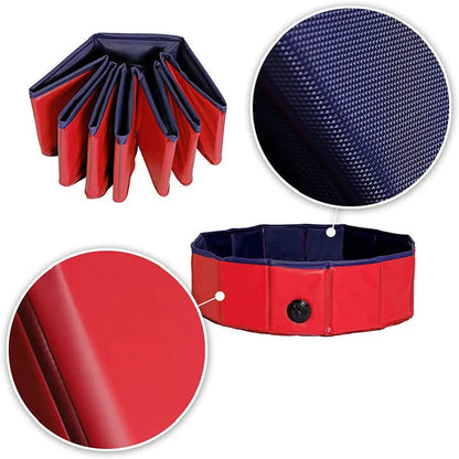 Red foldable dog pool and portable pet bathtub in sizes S, M and L with drain.
