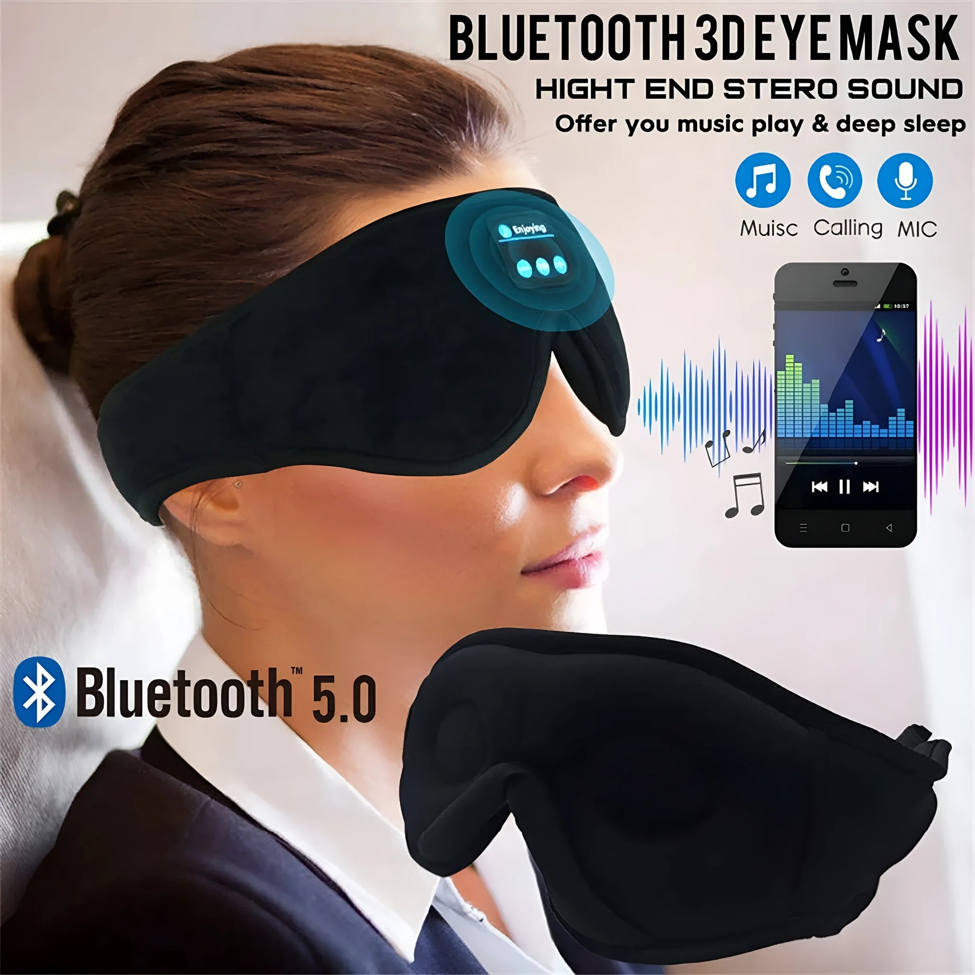 Black Bluetooth sleep eye mask with built-in speakers for wireless music and calls