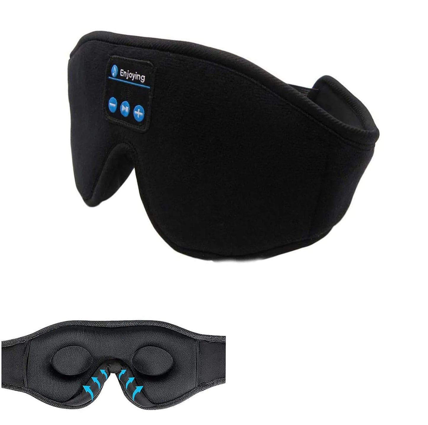Black Bluetooth sleep eye mask with built-in speakers for wireless music and calls