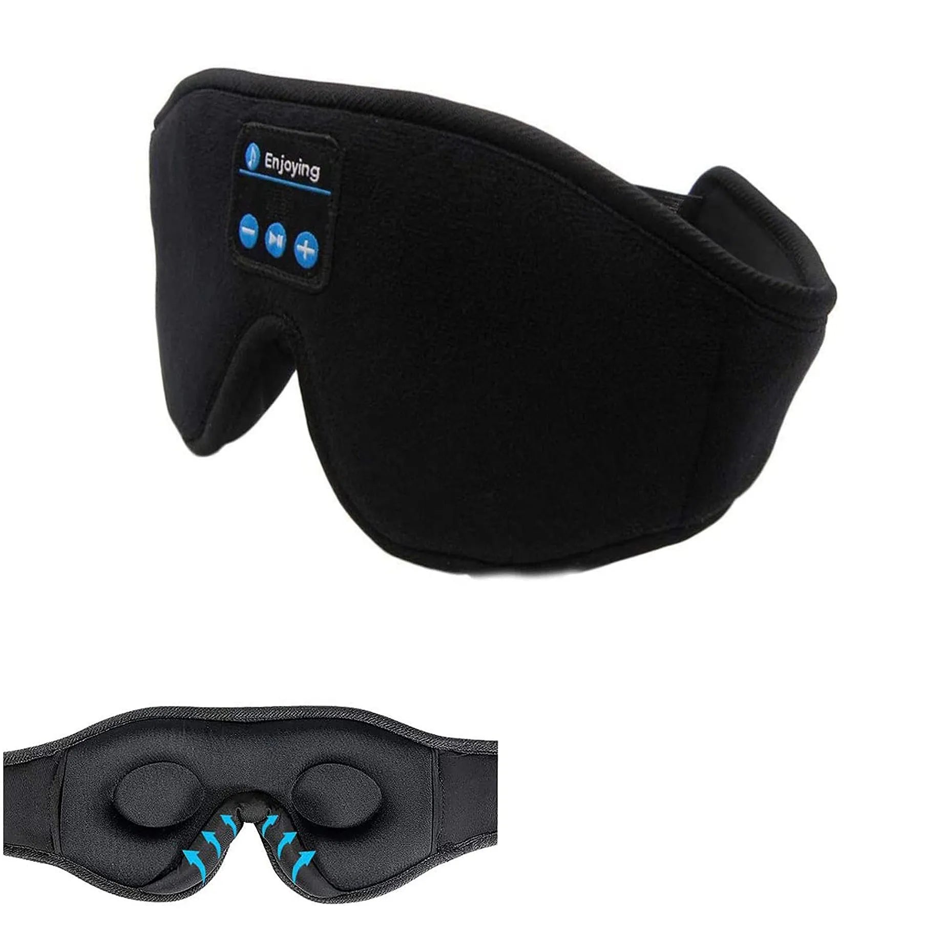 Black Bluetooth sleep eye mask with built-in speakers for wireless music and calls