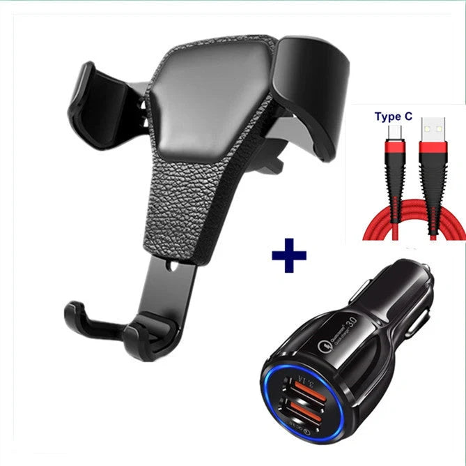 Premium leather grain gravity car phone holder in black and white