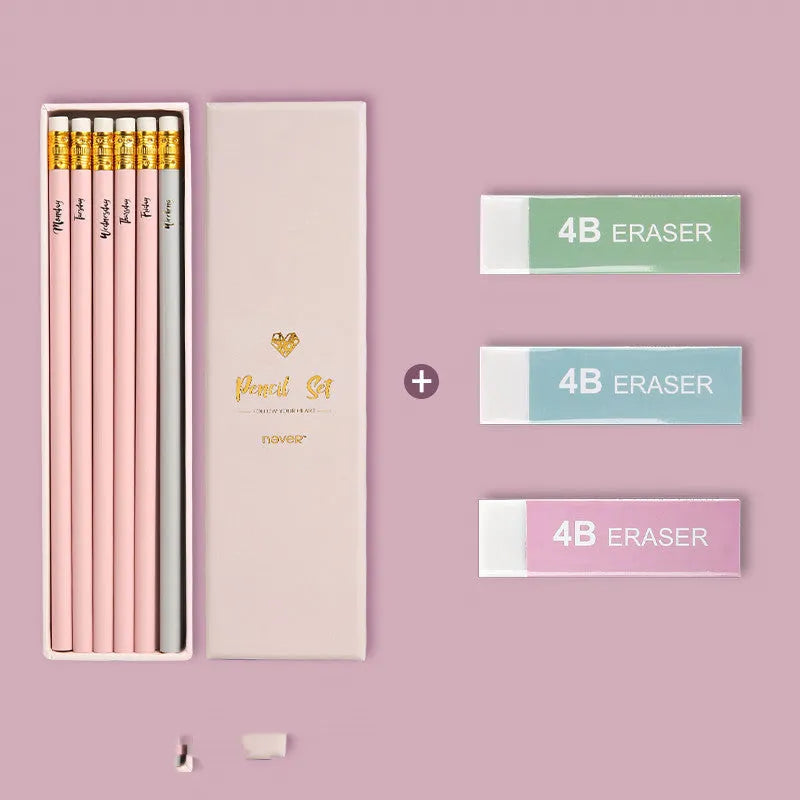 Display box of mixed colour HB writing pencils showing purple glitter and pale pink graphite pencils