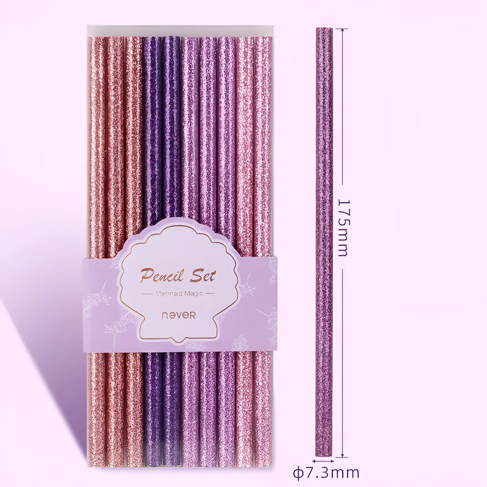 Display box of mixed colour HB writing pencils showing purple glitter and pale pink graphite pencils