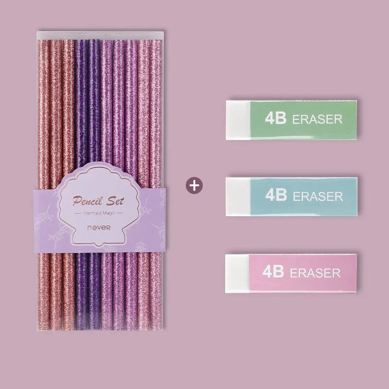Display box of mixed colour HB writing pencils showing purple glitter and pale pink graphite pencils