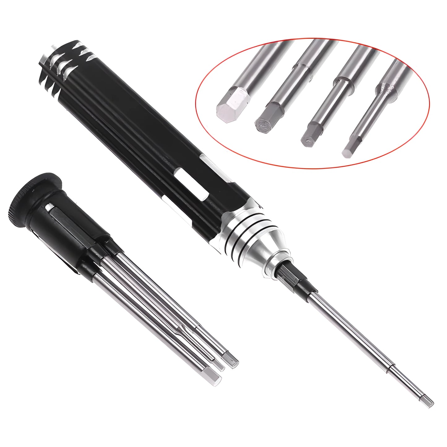 Black aluminium handle four-in-one hex screwdriver with four high-speed steel bits for aeromodelling.