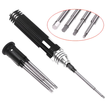 Black aluminium handle four-in-one hex screwdriver with four high-speed steel bits for aeromodelling.