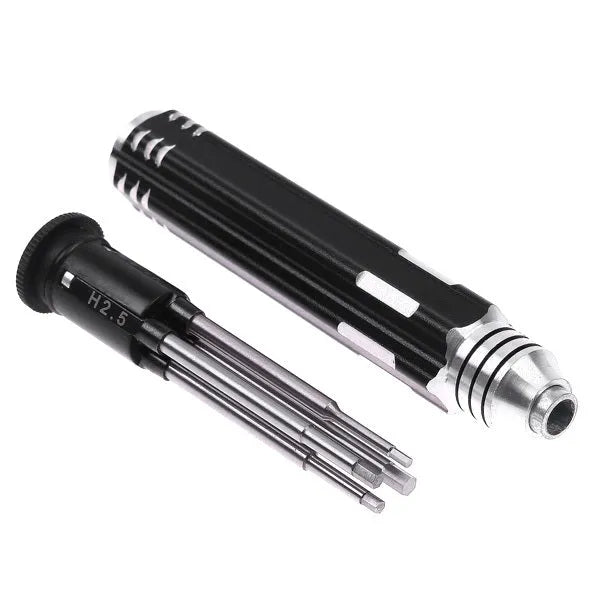 Four-in-one hexagon socket screwdriver aeromodelling tool set with four high-speed steel bits (1.5mm, 2.0mm, 2.5mm, 3.0mm) in a black aluminium handle for precision model aircraft assembly and maintenance