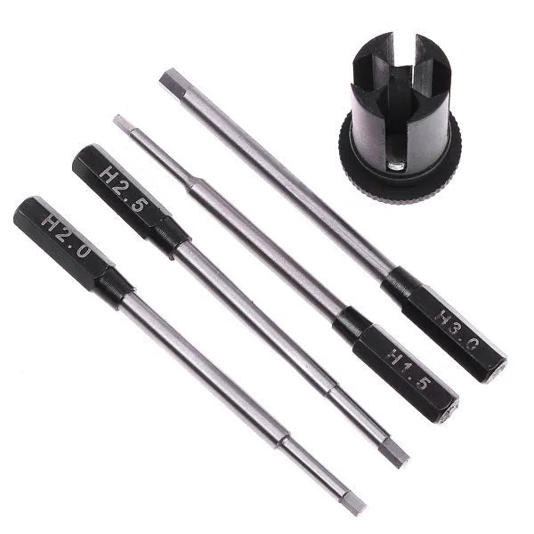 Black aluminium handle four-in-one hex screwdriver with four high-speed steel bits for aeromodelling.