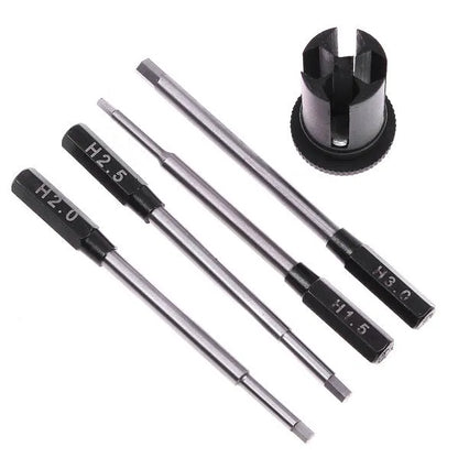 Black aluminium handle four-in-one hex screwdriver with four high-speed steel bits for aeromodelling.