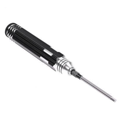 Black aluminium handle four-in-one hex screwdriver with four high-speed steel bits for aeromodelling.