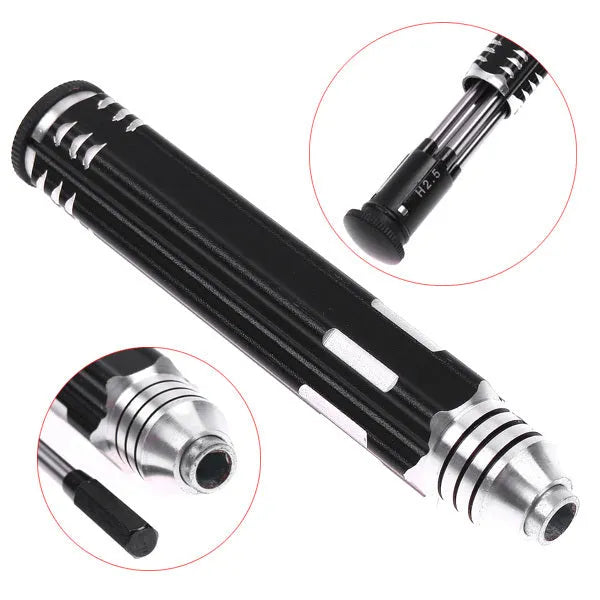 Black aluminium handle four-in-one hex screwdriver with four high-speed steel bits for aeromodelling.
