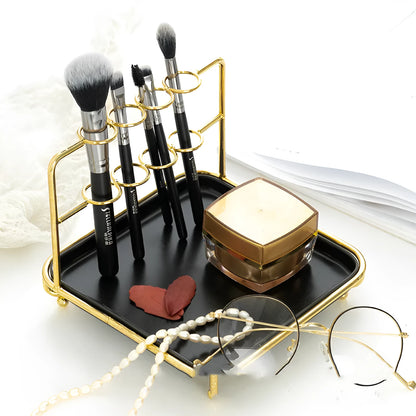 Modern short-style cosmetics storage rack on a desktop, made from iron and ceramic, shown in a choice of colours.