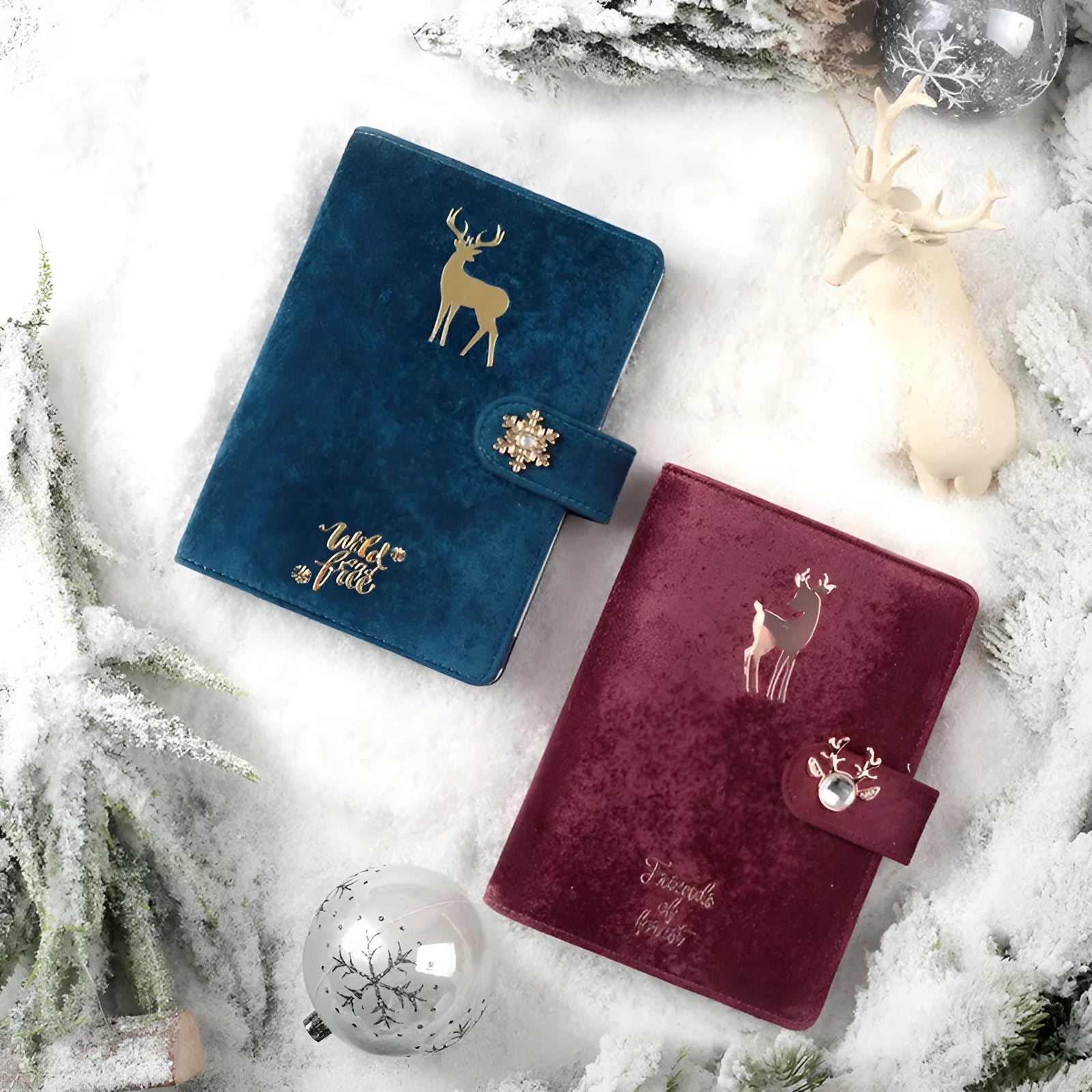 A6 loose-leaf notebook with blue velvet cloth cover open to show binder rings and paper.