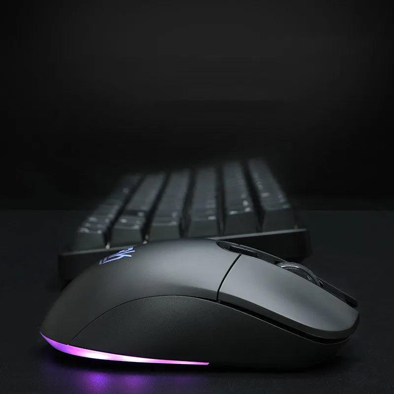 RK526 wireless mechanical keyboard and mouse set for gaming and office use, USB connection with 1600 DPI optical resolution, 500x180x45mm dimensions in blue, brown or red colour options