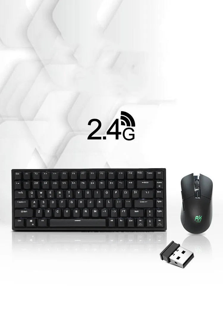 RK526 wireless mechanical keyboard and mouse set in blue, brown, or red colours