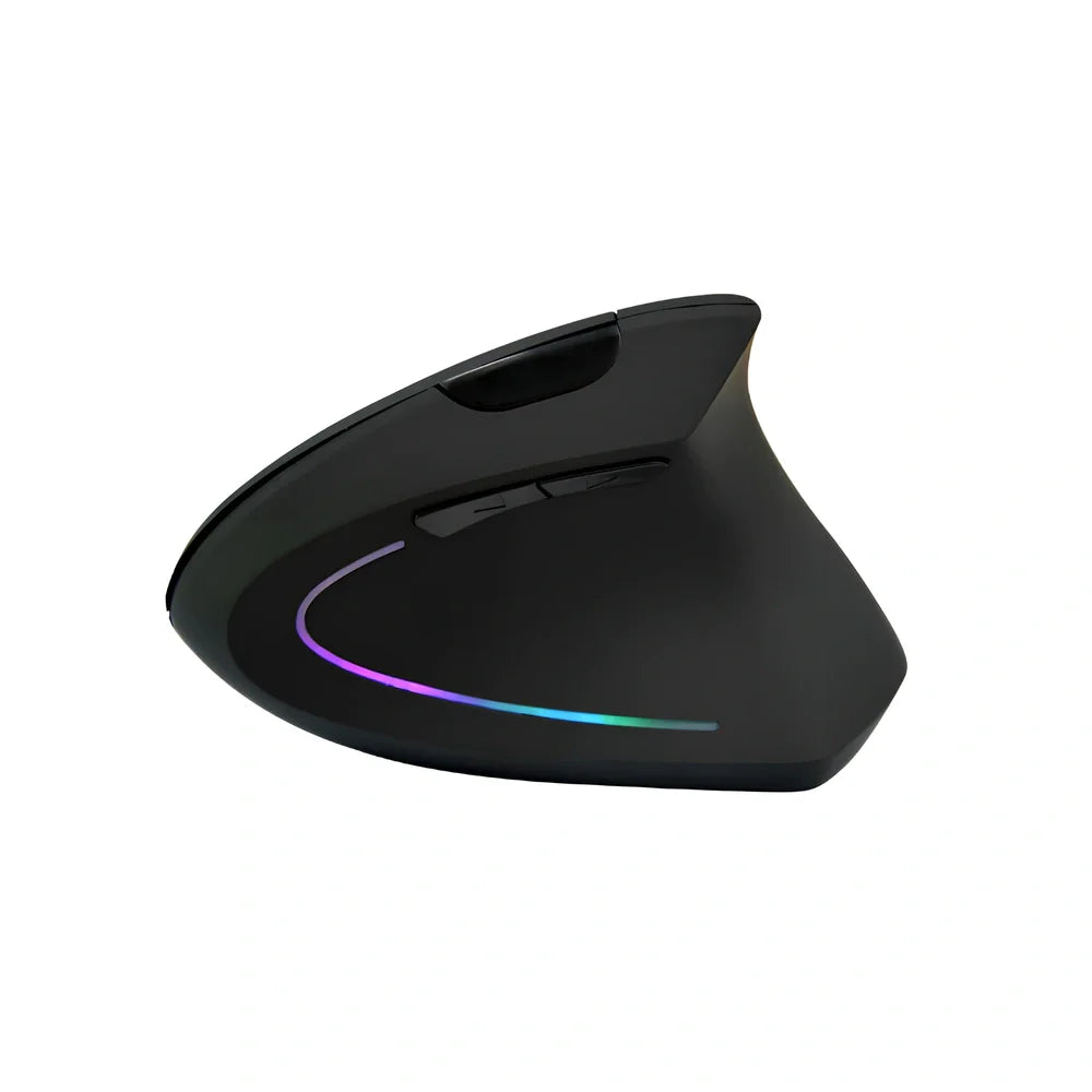 Black ergonomic vertical computer mouse with 57-degree angle, rubber grips, and USB receiver